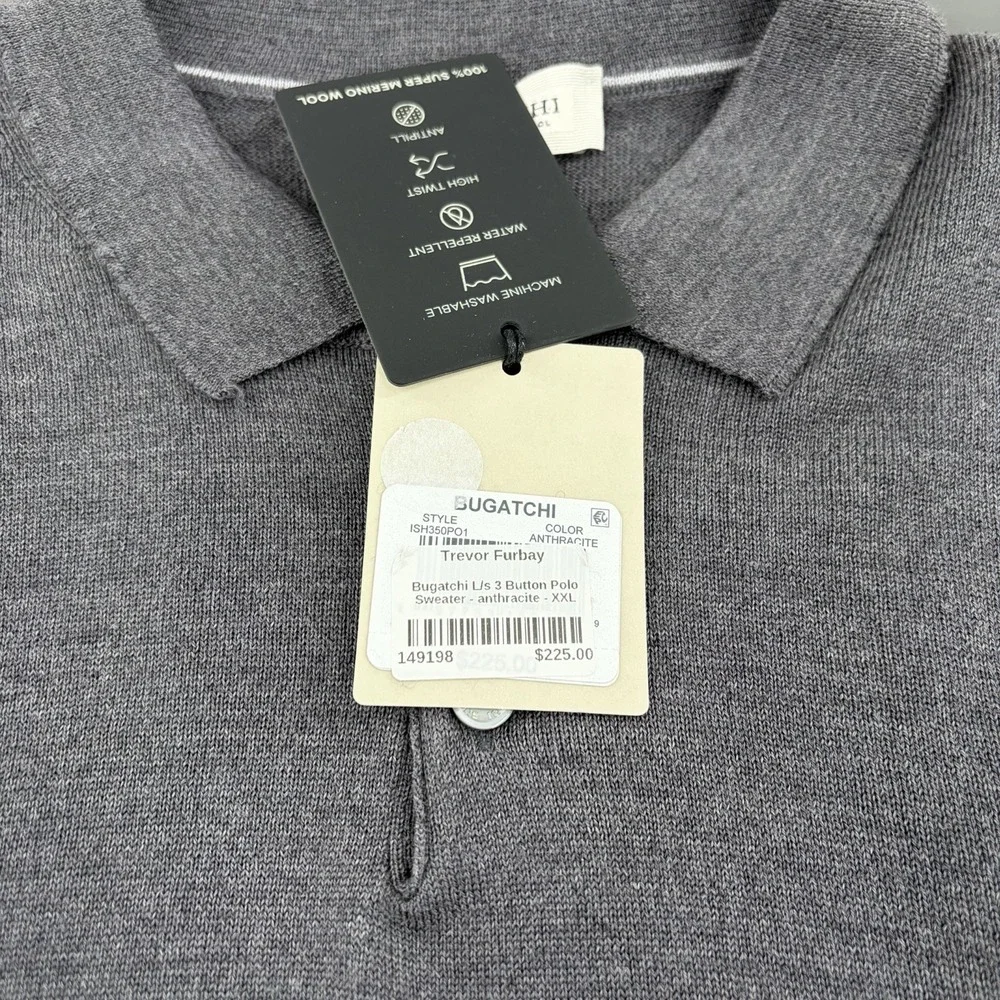 Bugatchi 100% Super Merino Wool Long Sleeve Polo Sweater Men Size 2XL Anthracite